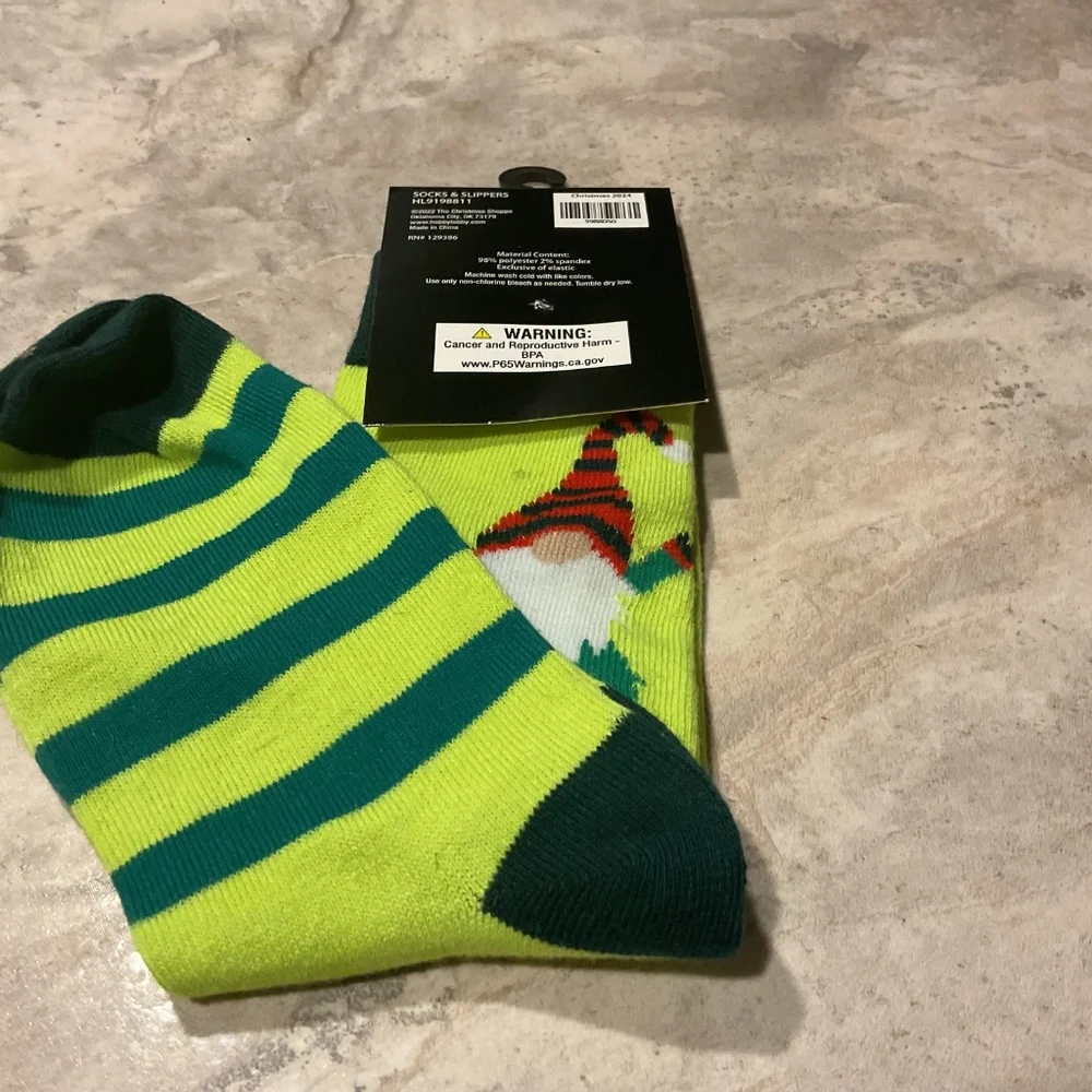 The Christmas Shoppe Gnome Socks green striped adult size